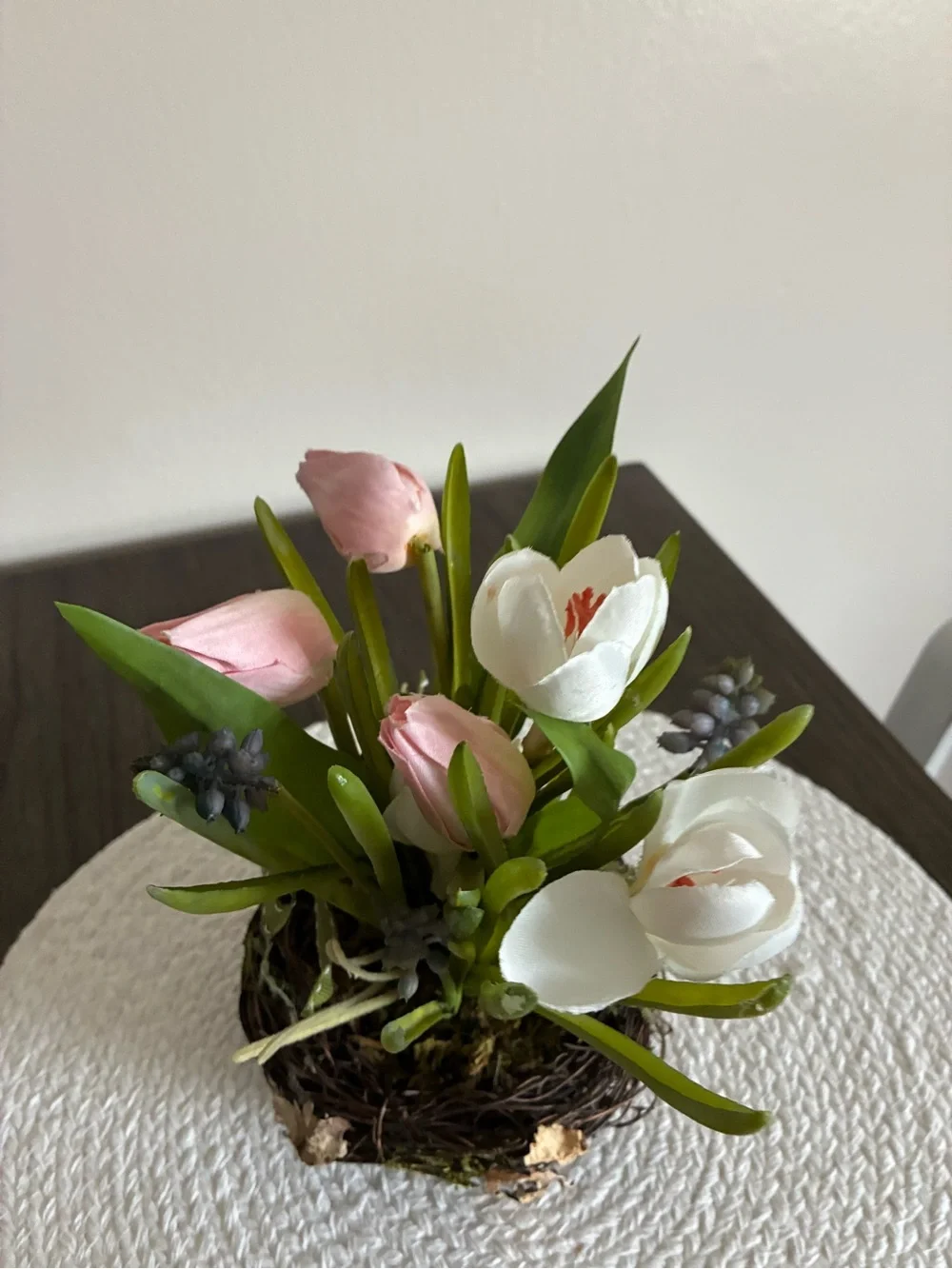 Pink & White Tulip Nest Arrangement with Green Ribbon - Home Accents